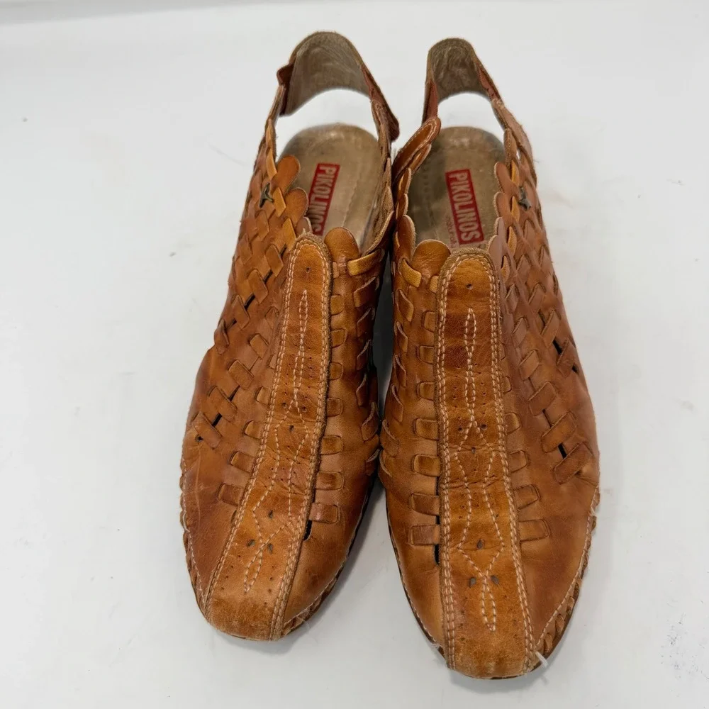 Pikolinos Woven Leather Slingback Wedge Shoes Tan Artisan Handcrafted EU 37